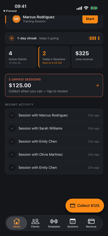 RosterOS Home screen lower section showing Due Follow-ups for Olivia Martinez, Sarah Mitchell, and Michael Thompson, plus Recent Activity feed.