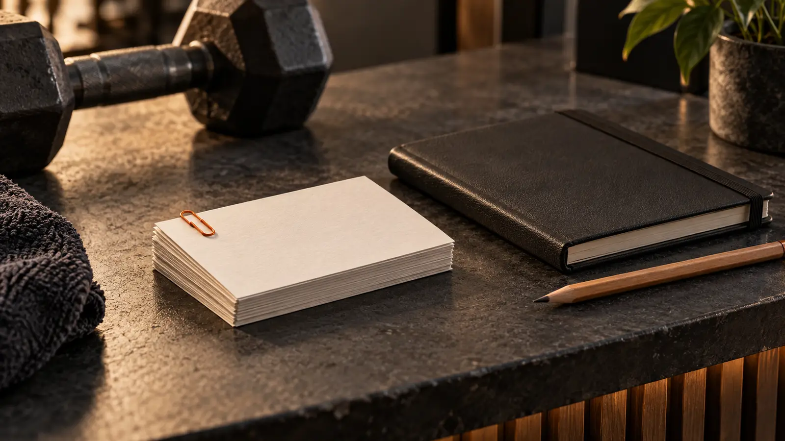 Blank cream session cards with an orange paper clip beside a black notebook and pencil on a dark gym reception counter.