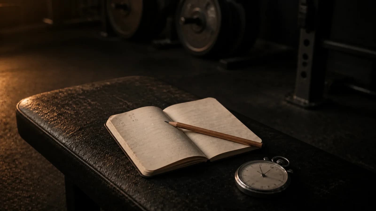 A small open notebook with brief handwritten training marks beside a pencil and stopwatch on a dark gym bench.