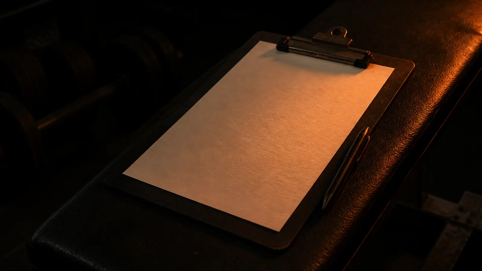 A clipboard with a completely blank sheet and pen resting on a dark gym bench in warm raking light.