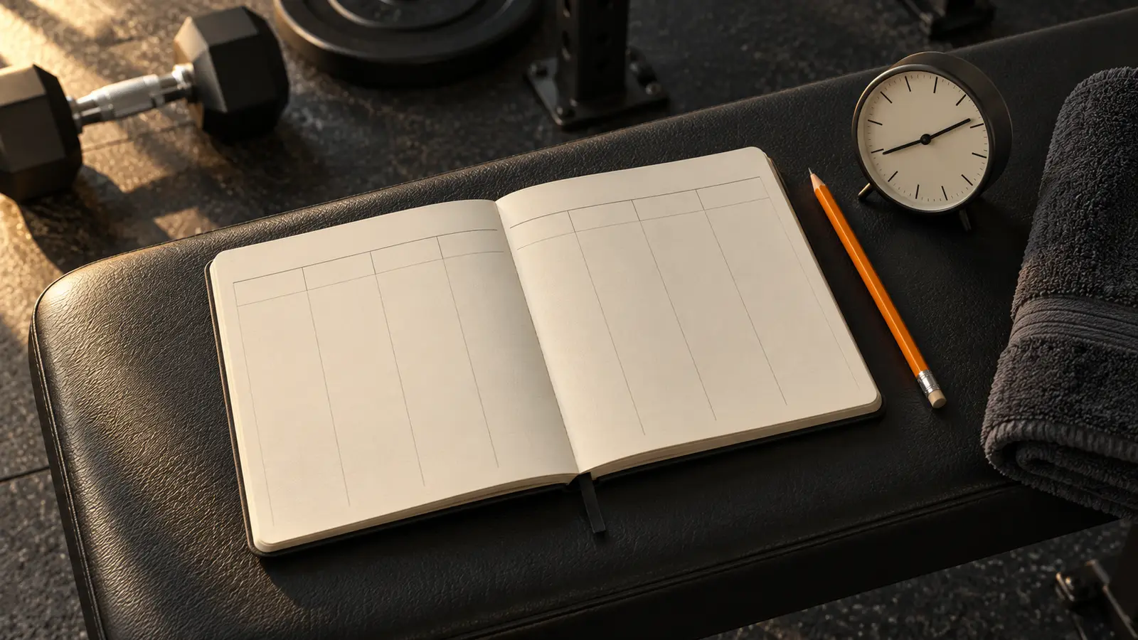 An open blank weekly planner, a small analog clock and an orange pencil on a dark gym bench beside a folded towel.